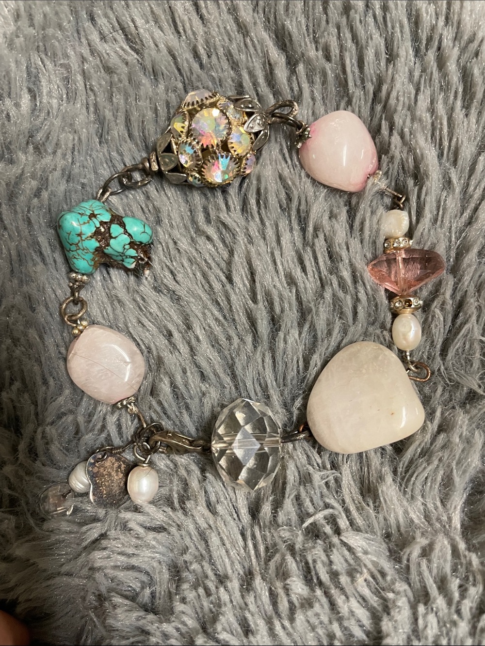 Handmade Mixed Stone, pearl,crystal sterling Beaded Bracelet in Turquoise, Pink
